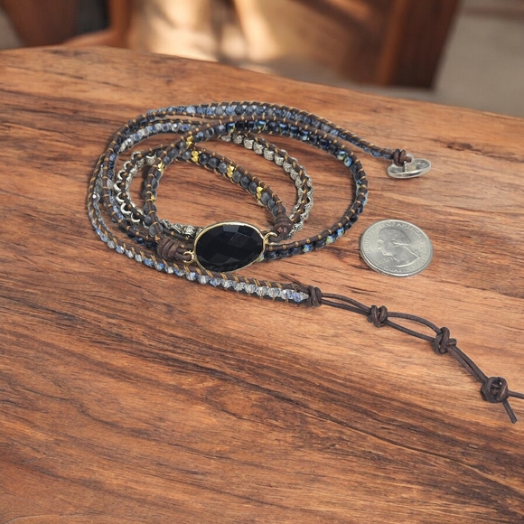 Source Unknown Jewelry - Leather Black Onyx Stones Beaded Wrap Bracelet